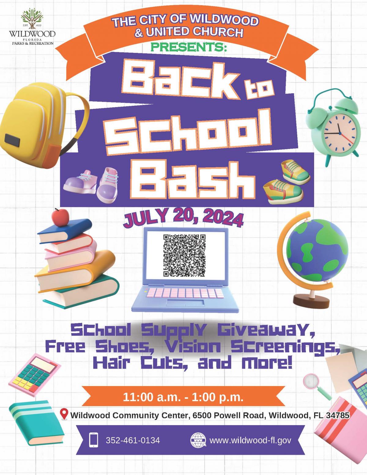  Back-to-School Bash, Wildwood Community Center, 6500 Powell Road, Wildwood, Fl 34785, 11:00 a.m. - 1:00 p.m. 