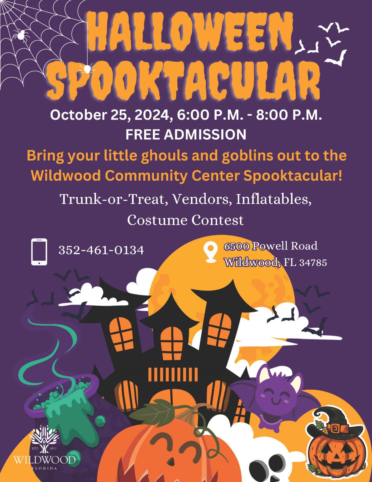 City of Wildwood Spooktacular, Friday, October 25, 2024, Wildwood Community Center 6500 Powell Road Wildwood, Fl 34785, 6-9 p.m.