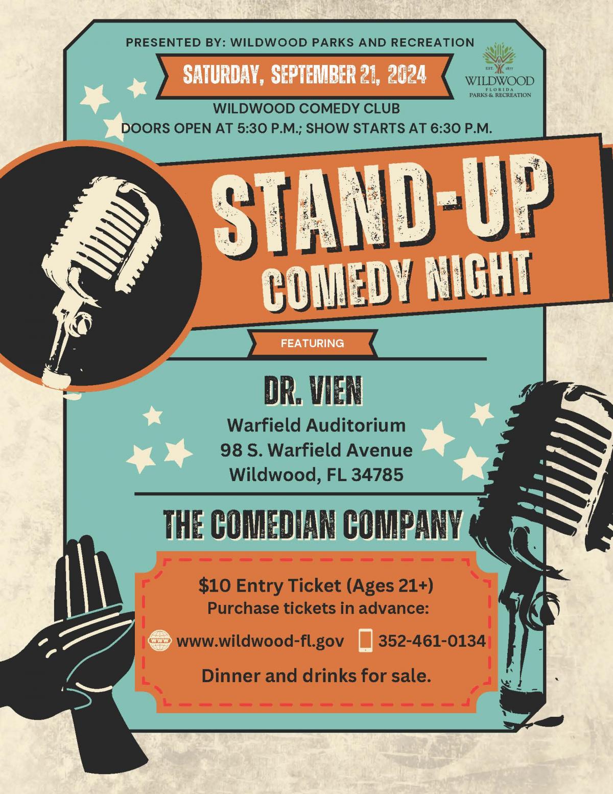 City of Wildwood Comedy Club, Tuesday, September 21, 2024, 5:30 p.m. - 9:00 p.m. , Warfeild Auditorium 98 S. Warfeild Avenue