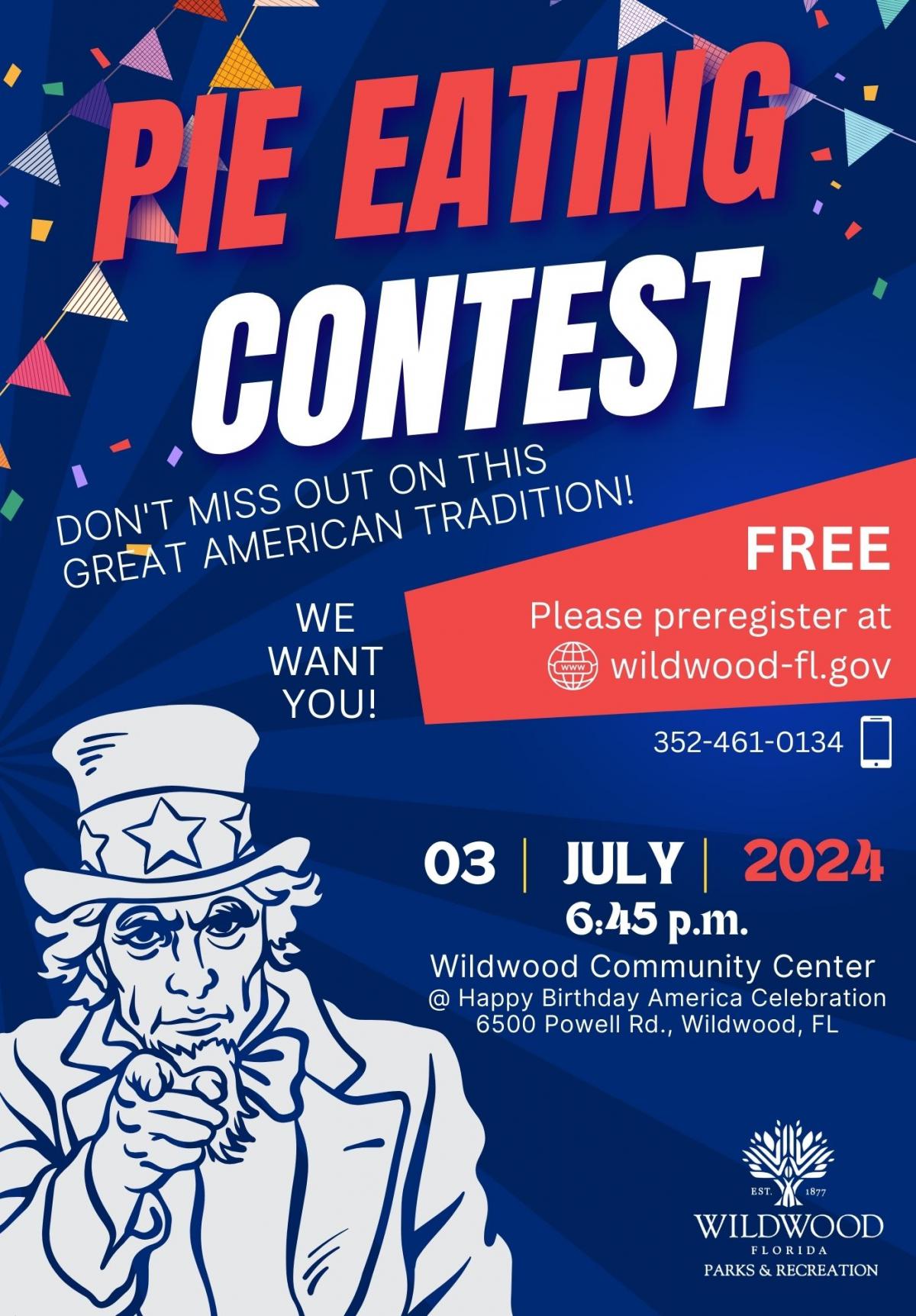 Pie Eating Contest, Wildwood Community Center, 6500 Powell Rd, Wednesday, July 3, 2024, 6:45 p.m.